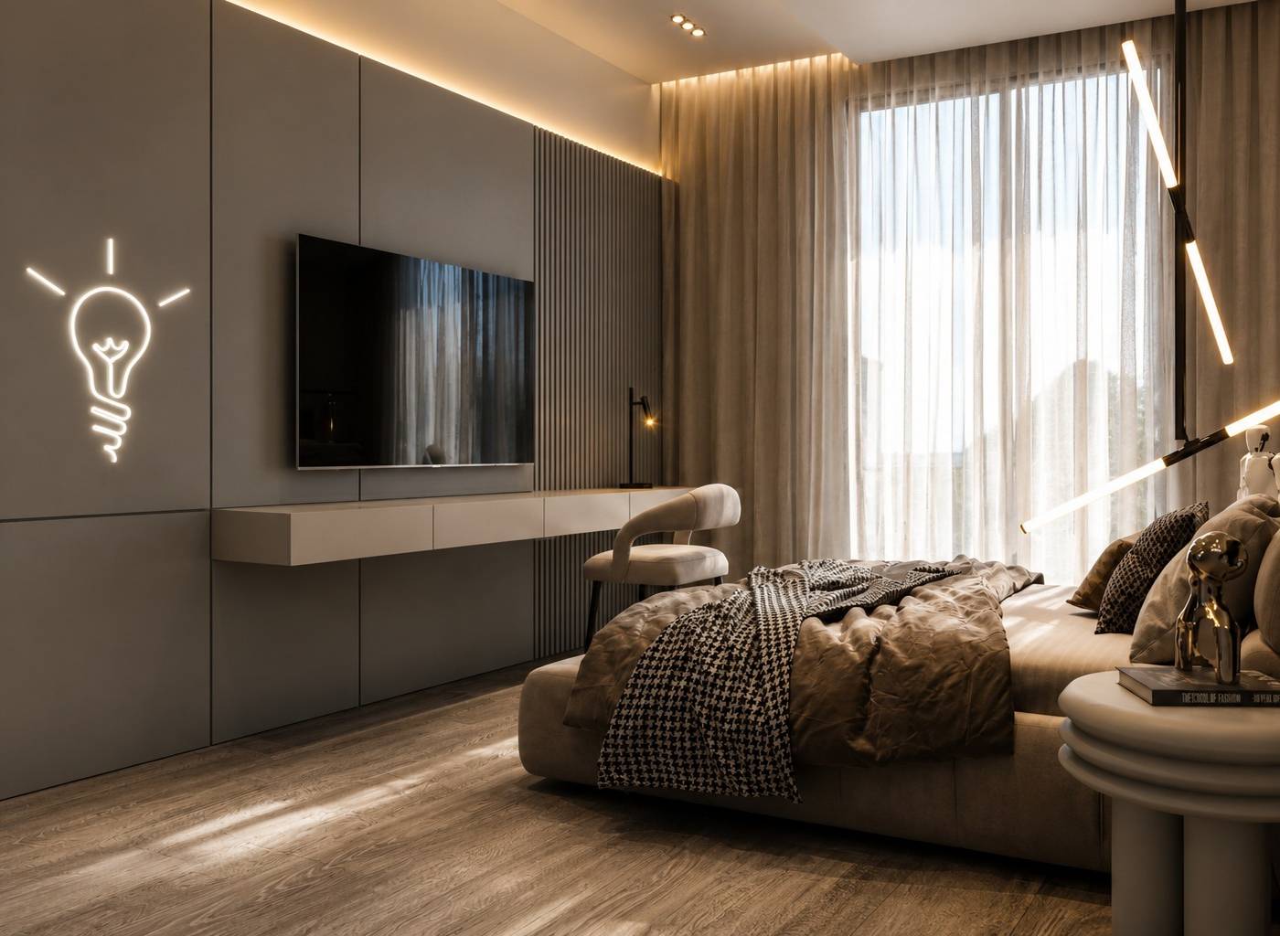 Modern refurbished villa bedroom in Dubai with paneled accent wall, floating desk, wall mounted TV and neon lightbulb art