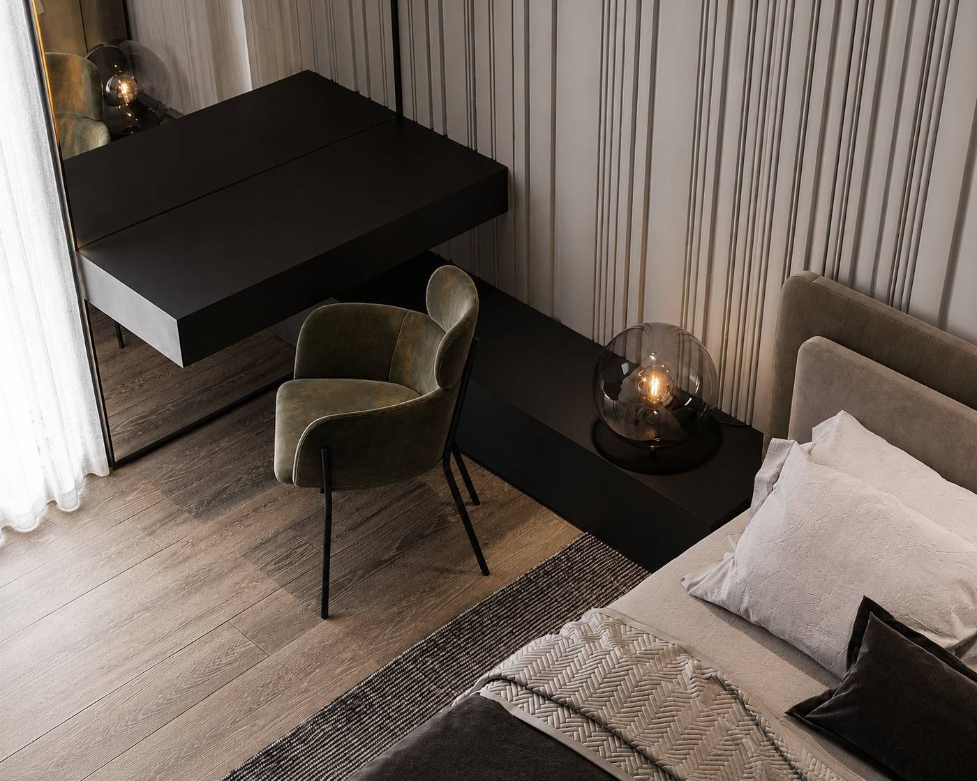 Villa interior fit out Dubai bedroom with dark wood desk, olive green chair and fluted wall paneling