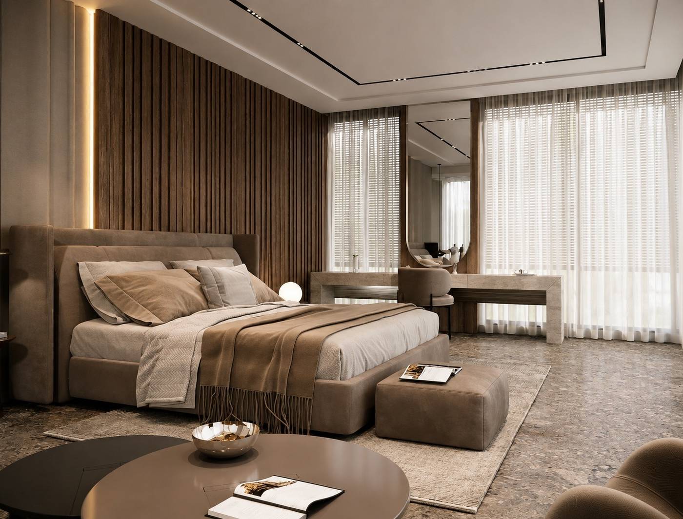 Luxurious bedroom with dark wood slat accent wall and integrated lighting by villa renovation company Dubai.