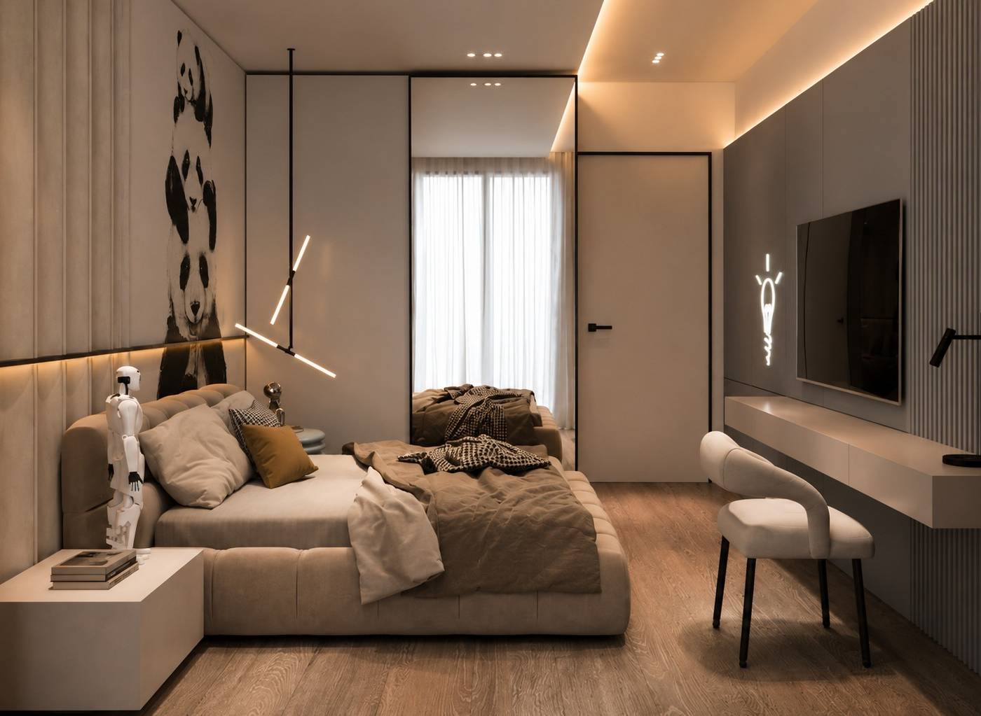 Modern bedroom with padded headboard, panda mural, floating desk, wall mounted TV and neon sign by Chadi Baaklini in Dubai