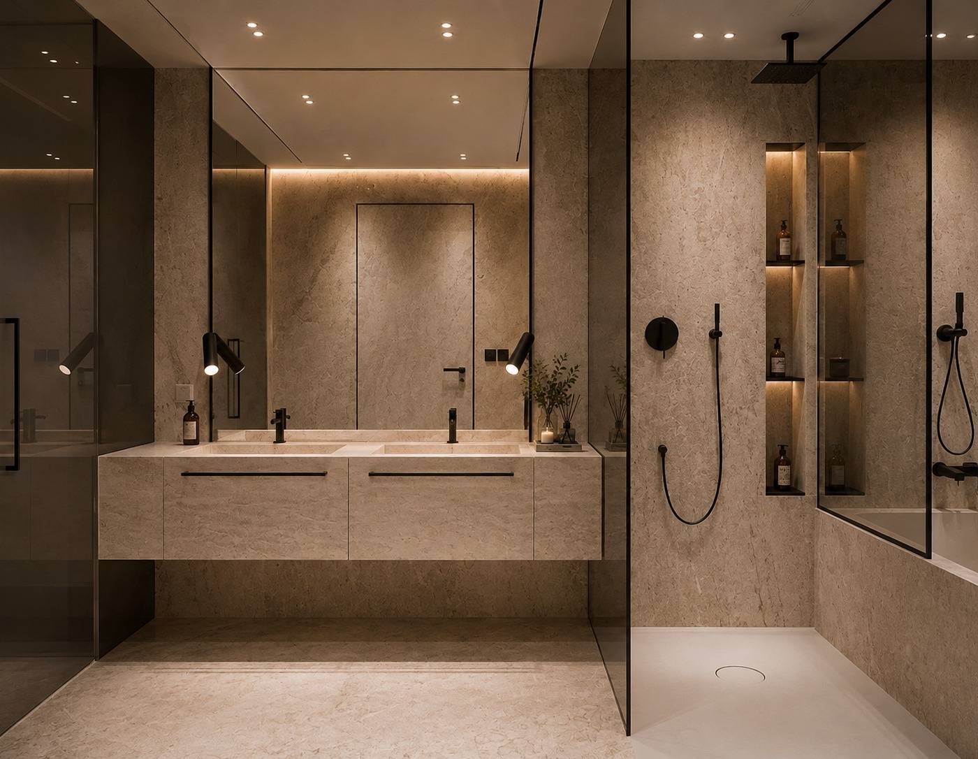 A luxurious Dubai villa bathroom with a double stone vanity, black matte fixtures and a walk-in shower featuring illuminated built-in niches