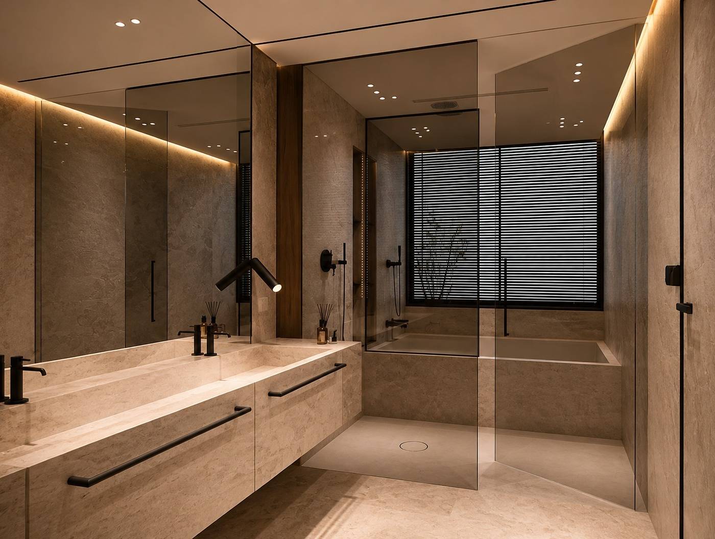 Luxurious bathroom with double stone vanity, integrated sinks, matte black fixtures, walk-in shower, and built-in bathtub with warm recessed lighting by Chadi Baaklini in Dubai