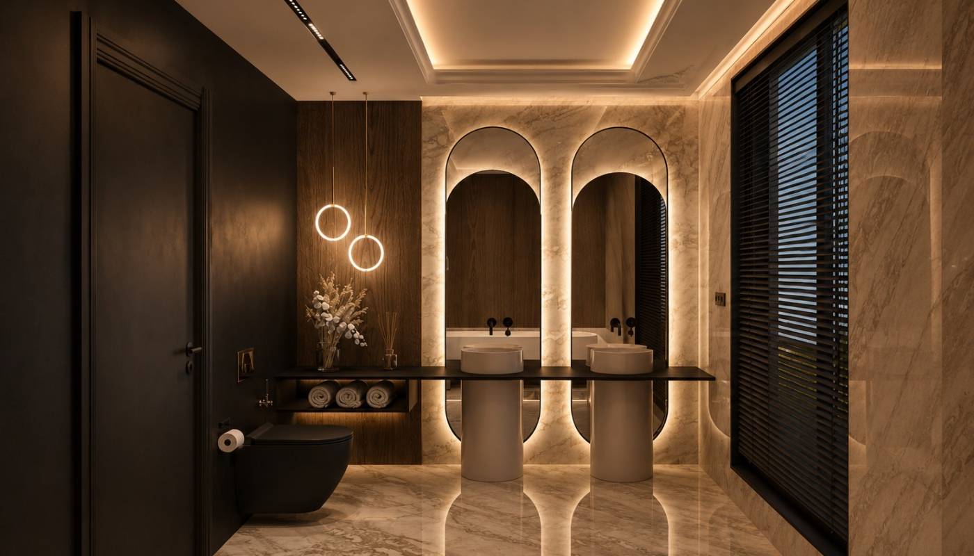 Luxury modern bathroom with double vanity, backlit arched mirrors, circular basins, dark wood accent wall, warm pendant lighting and marble surfaces