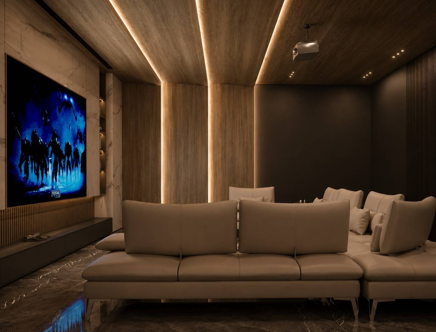 Luxurious home theater with dark marble flooring, warm wood paneling with LED strip lighting and plush beige leather sofas facing a large screen