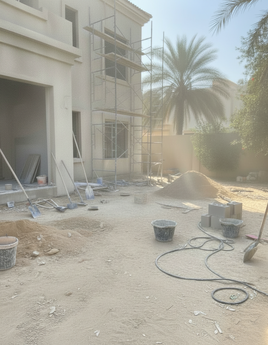 Two storey villa under active renovation in Dubai with scaffolding, sand piles and concrete blocks during structural works