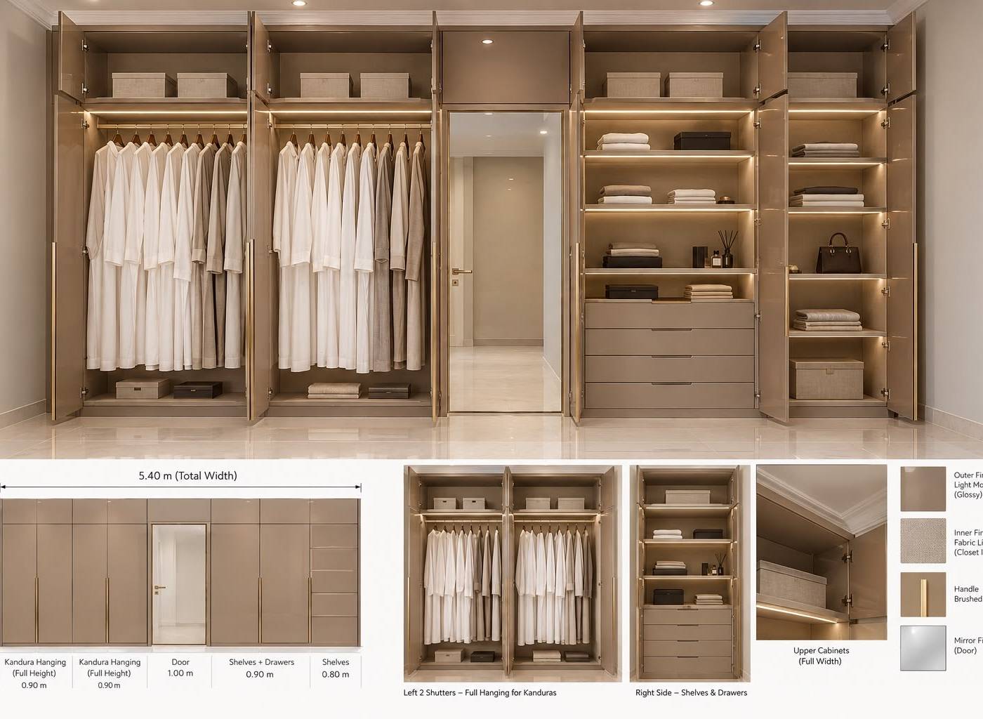 Custom full-height wardrobe in glossy light mocha with brushed gold handles, integrated LED lighting and a central mirrored door inside a renovated Arabian Ranches villa bedroom in Dubai