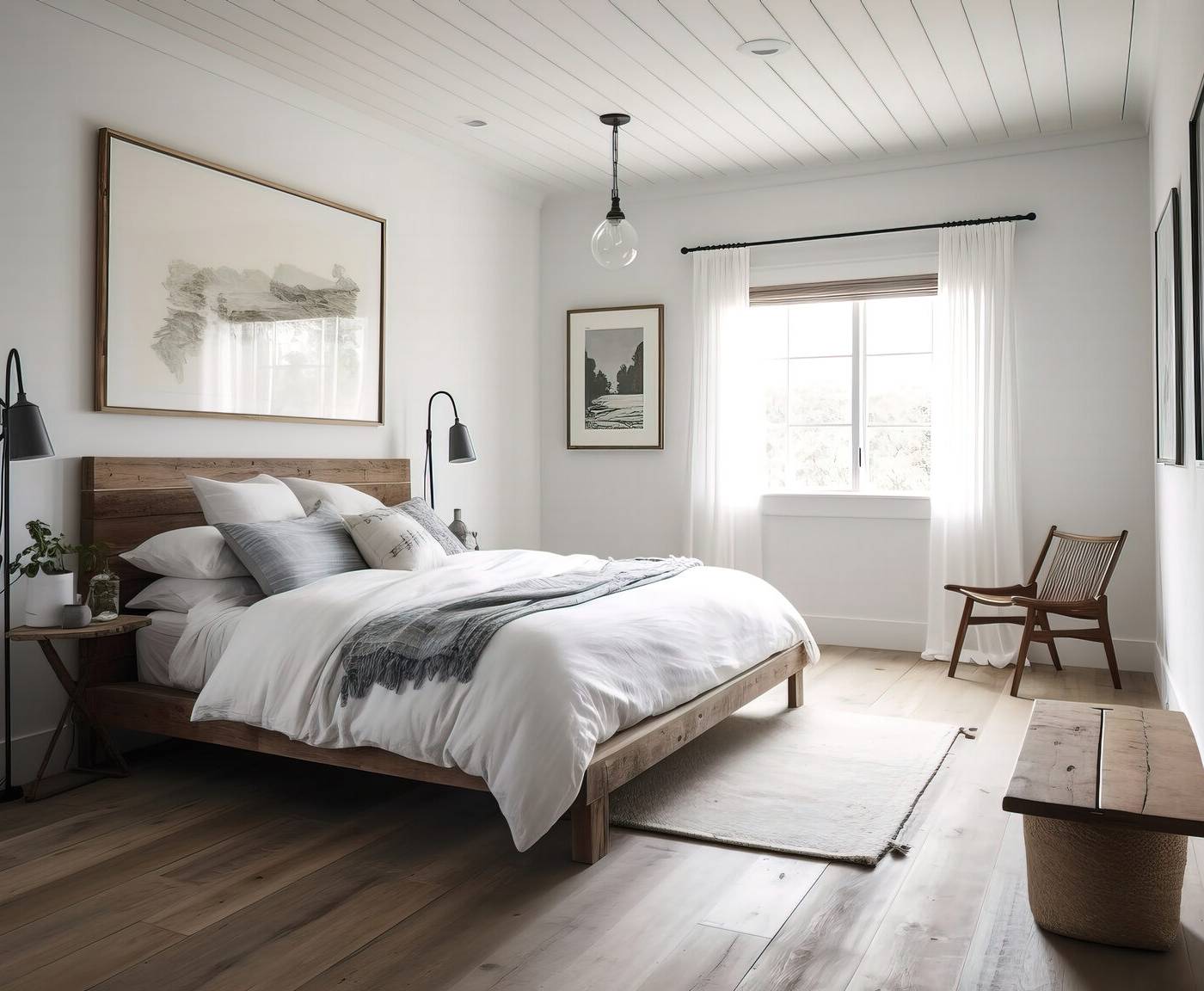 Bedroom with upholstered headboard and built-in joinery