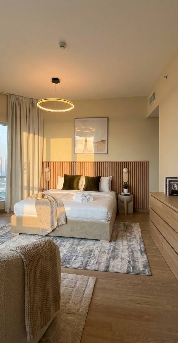 Modern bedroom with golden hour light and wooden headboard