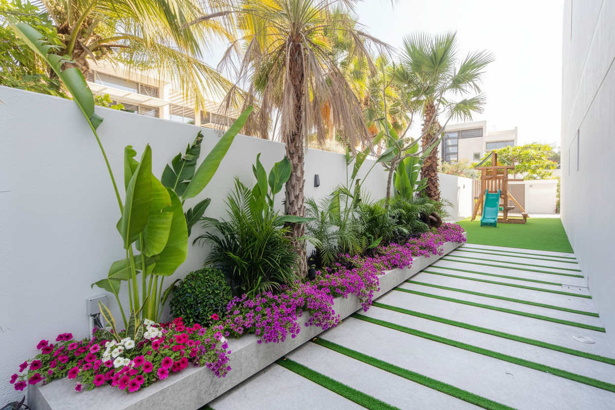 Landscaped villa side garden with flowering planter and stepping stones — after