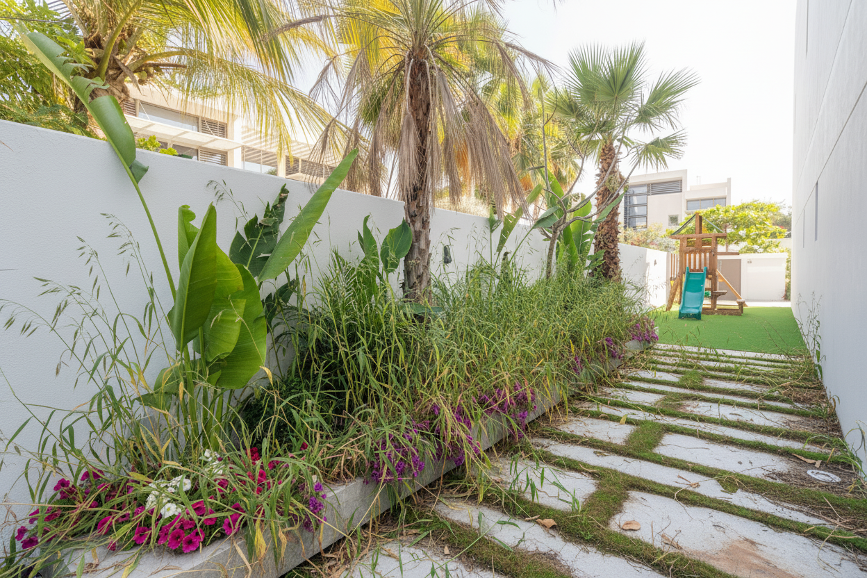 Overgrown villa side garden — before