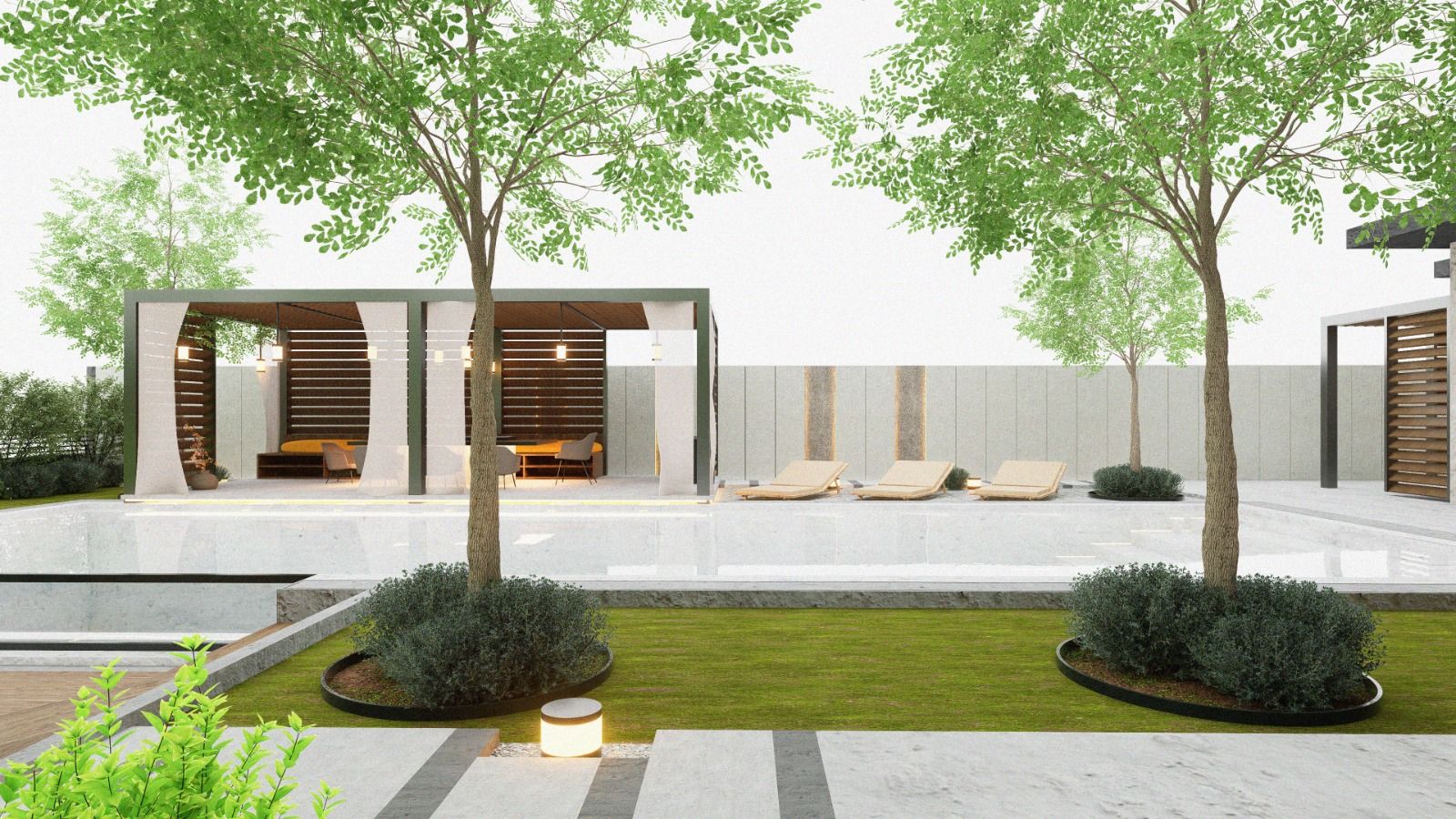 Pool, lawn & trees — 3D design render
