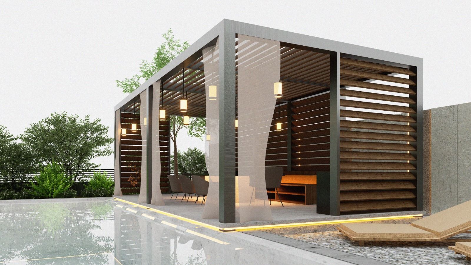 Poolside pergola cabana — 3D design render