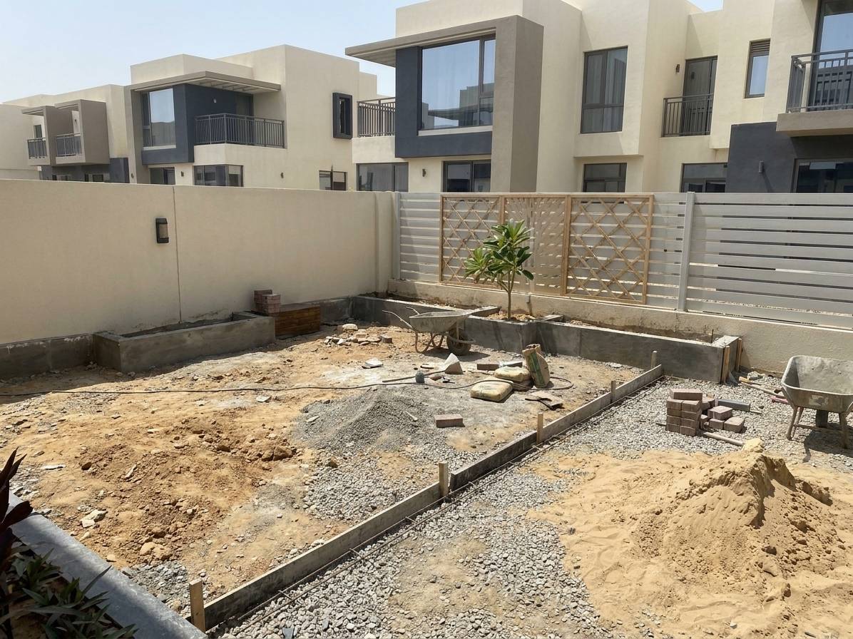 Villa back garden during groundworks — before