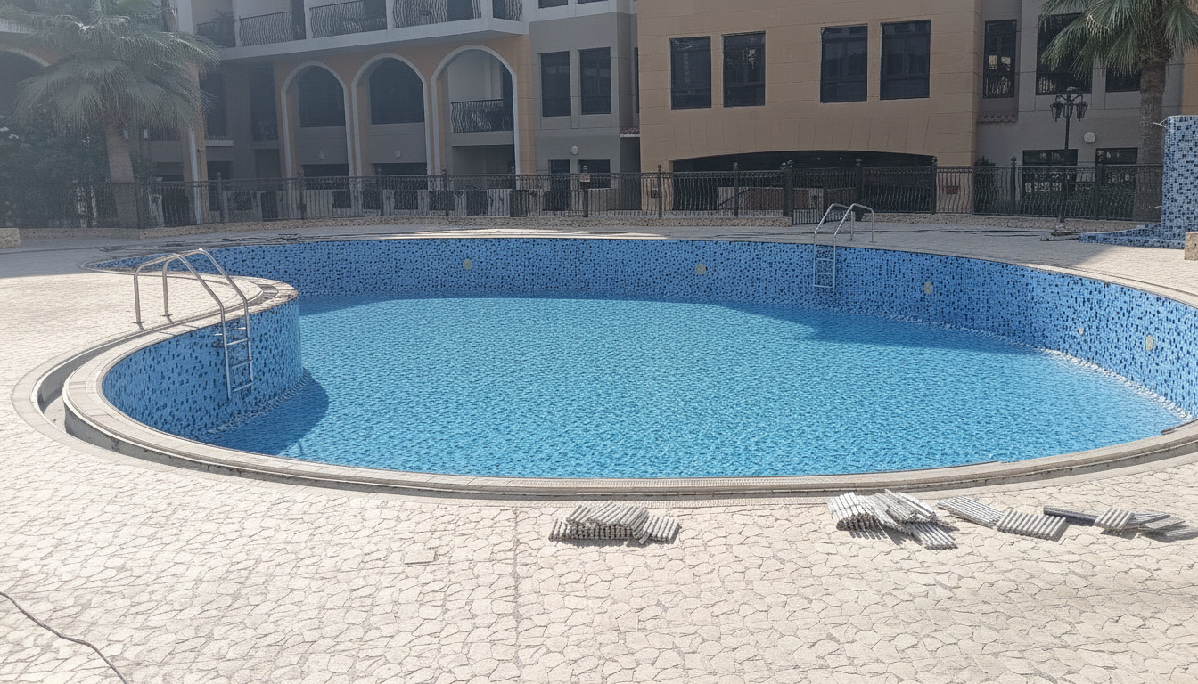 Community pool with new blue mosaic tiles — after