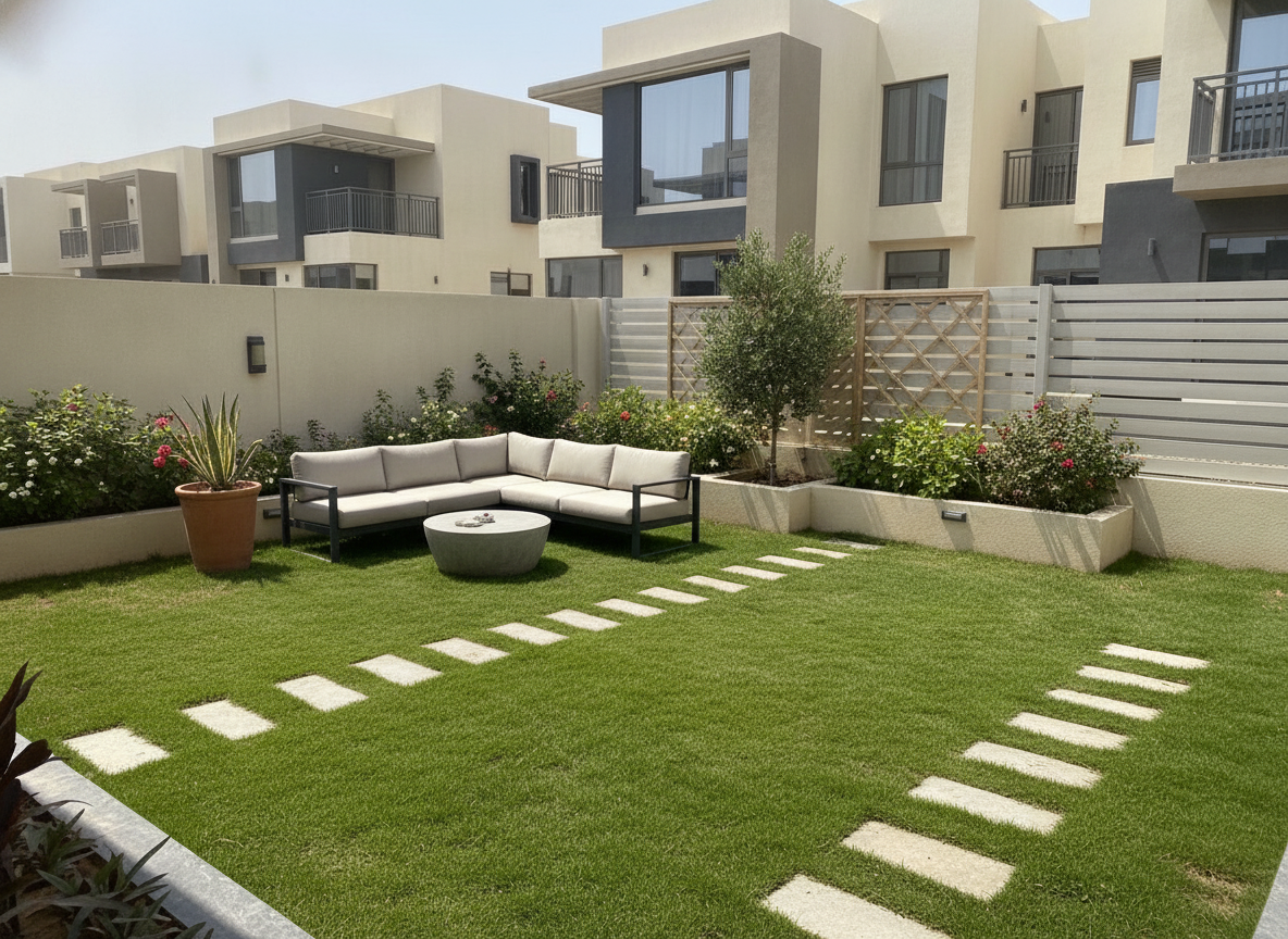 Villa back garden with lawn, stepping stones and outdoor sofa — after