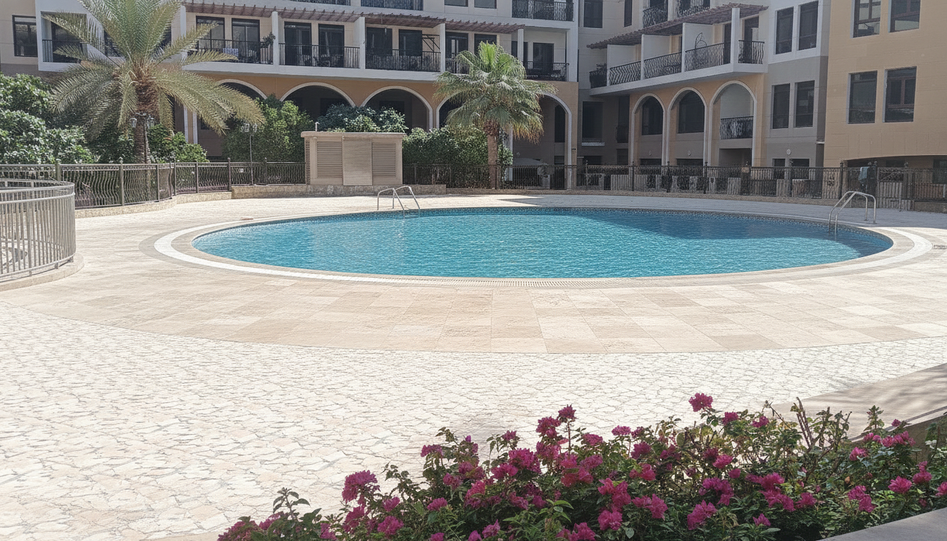 Pool with new light stone deck and flowering planting — after