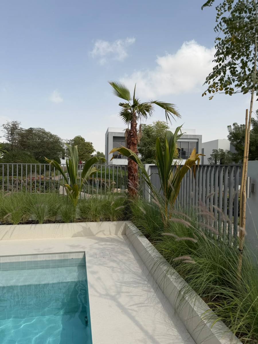 Pool corner with raised planter and ornamental grasses