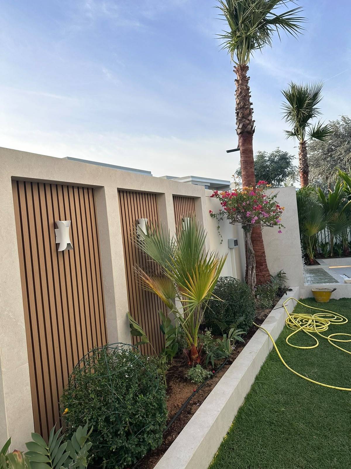 Modern landscaped UAE garden with a beige stone wall, vertical wood slat cladding, white wall sconces, tall palms and pink bougainvillea