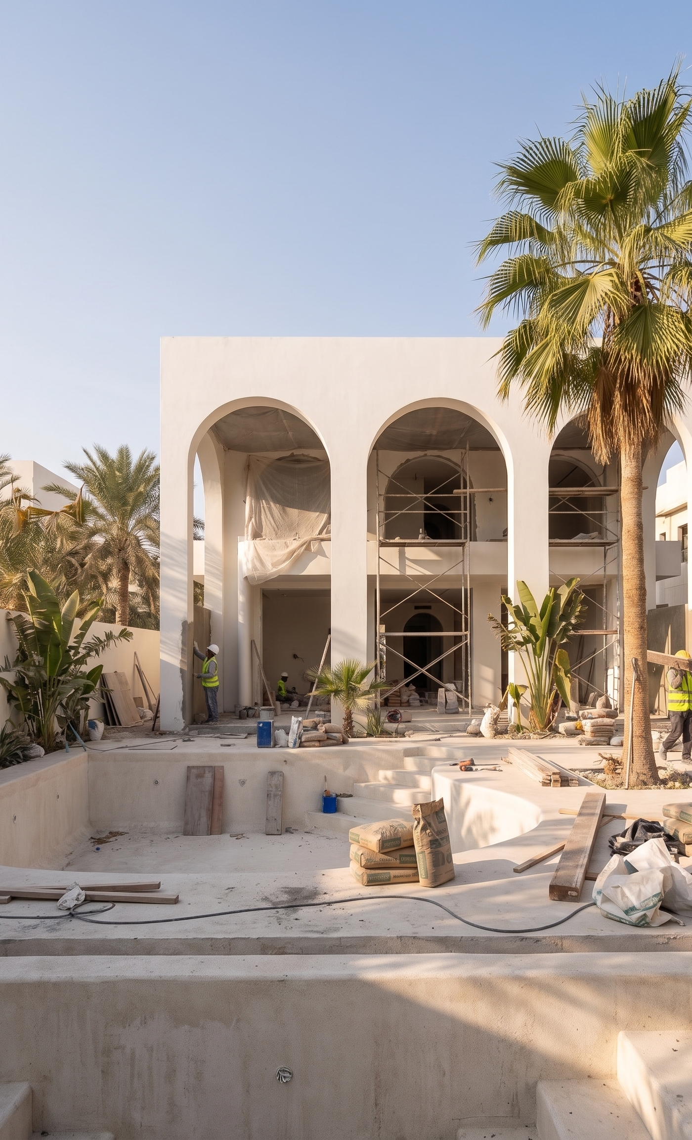 Villa under construction with a white arched facade and an unfinished swimming pool, the structural stage of a villa renovation payment schedule Dubai owners pay in milestones