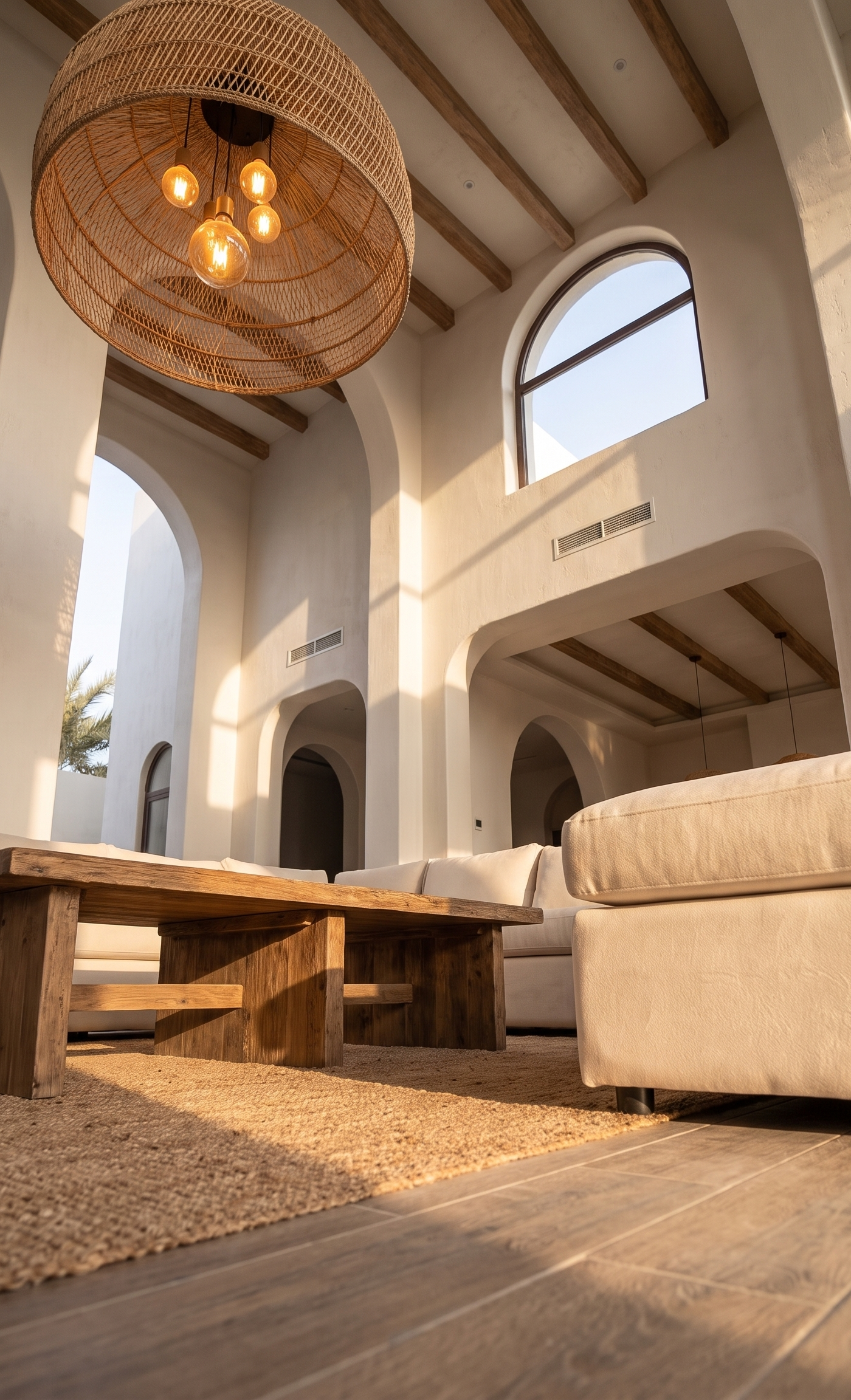 Finished Dubai villa living room with rattan chandelier, cream seating and arched windows