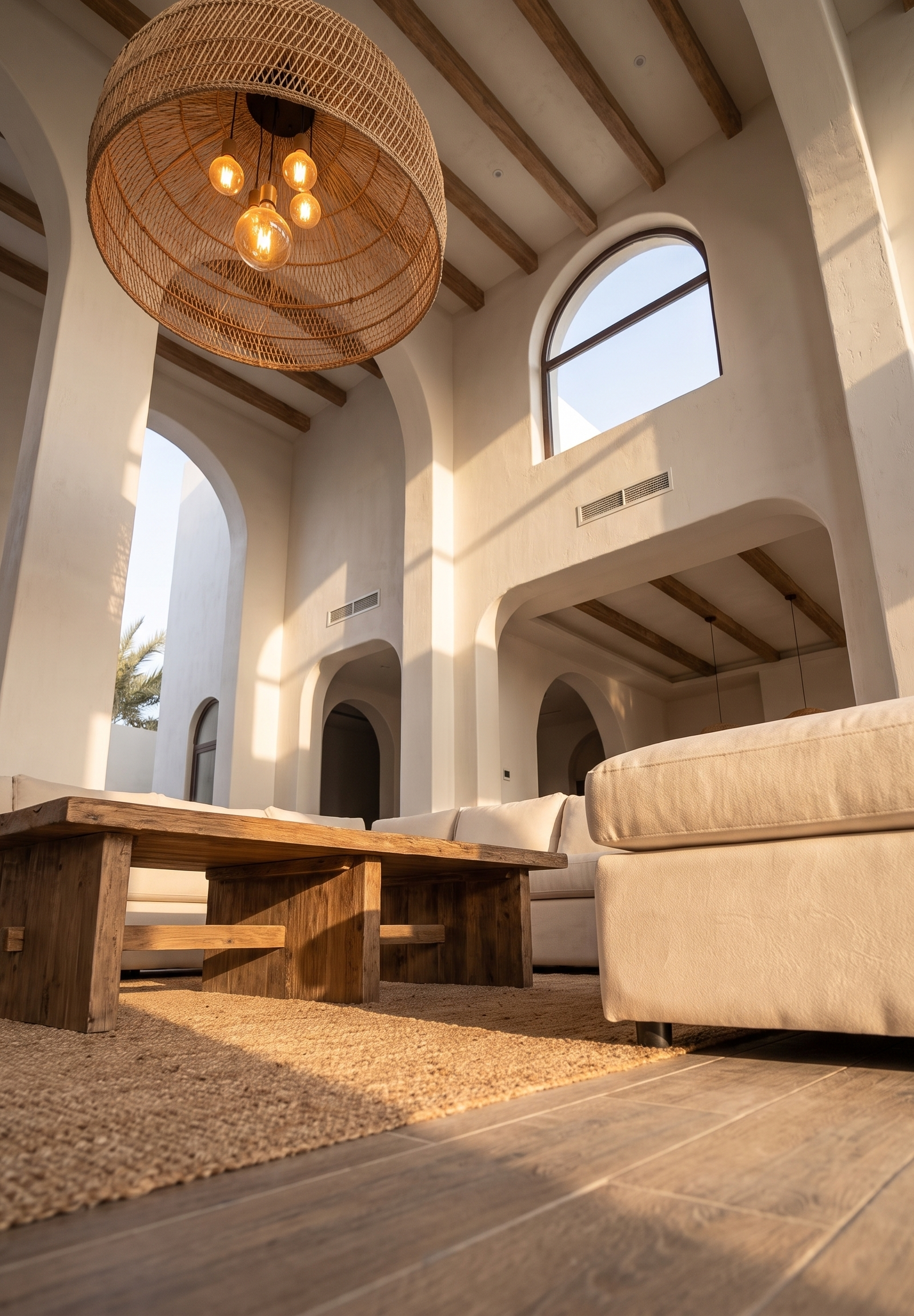 Spacious living room with rattan chandelier and arched windows in a Dubai fitout