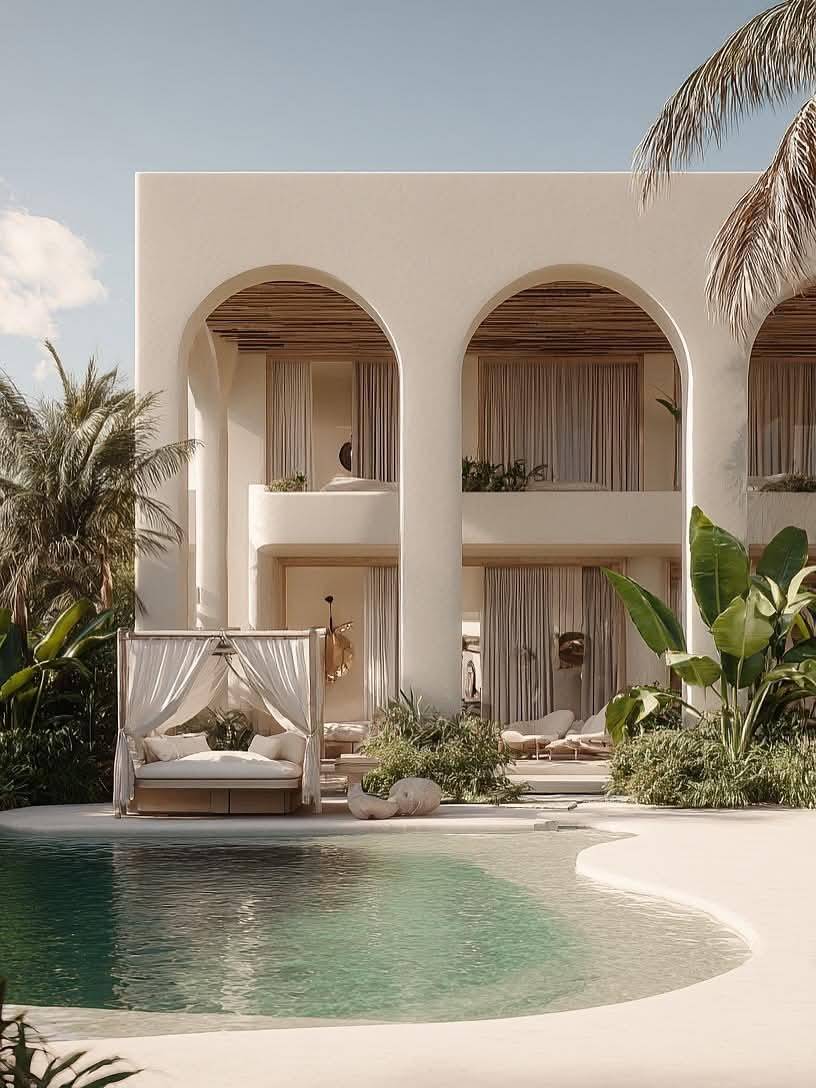 After: Completed Mediterranean villa with pool